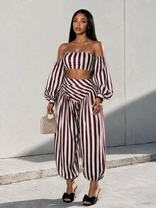 Eryvara Women's Brown Striped Pattern Cropped Tube Top And Loose Jogger Pants 2 Pieces Set, Suitable For Summer Tropical Vacation Wear. - Multicolor - View 4