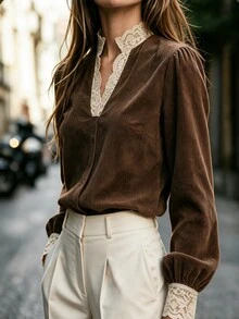 Balvessa قميص نسائي كاجوال يومي بأكمام طويلة بتصميم كتل لونية - بني - مشاهدة 3
