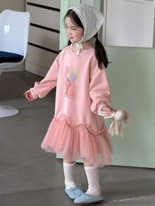 DAZY Young Girls Cartoon Print Tulle Layered Casual Fashion Creative Personalized Fresh Cute Dress - Pink - View 5