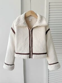 SHEIN 少女外套 秋/冬街頭風 PU複合保暖內裡加厚對比飾邊翻領機車夾克，適合秋冬日常穿著 - 米色 - 查看 2