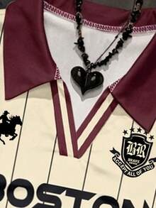 Attitoon 女款字母條紋印花 Polo 領休閒 T 恤 - 酒紅色 - 查看 3