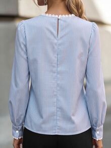 Velvienne Women's Elegant Striped Collared Lace Patchwork Long Sleeve Blouse, Suitable For Daily Commute, Dating, Home Wear - Blue - View 2