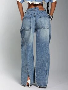 Denimoi Zipper Back Detail Straight Leg Jeans Fashion Everyday Wear Cool Jeans Fashionable Streetwear - Light Wash - View 1