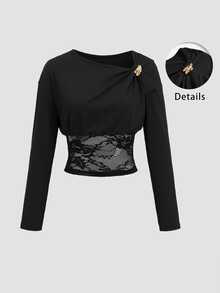 Sweetra 2000s Style Going Out Tops, Women's Autumn/Winter Elegant Sweet Lace Patchwork Waist-Cinching Fitted Tops - Black - View 1