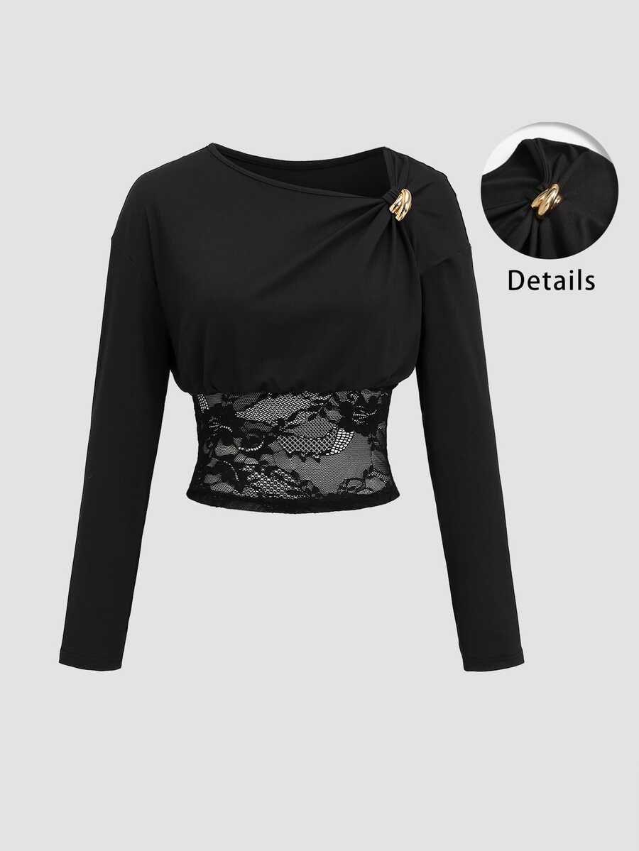 Sweetra 2000s Style Going Out Tops, Women's Autumn/Winter Elegant Sweet Lace Patchwork Waist-Cinching Fitted Tops - Black - View 1