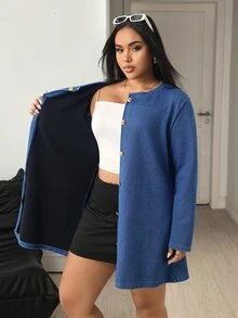 Flexra جاكيت جينز بأكمام طويلة وأزرار أمامية للنساء مقاس كبير - الأزرق - مشاهدة 14