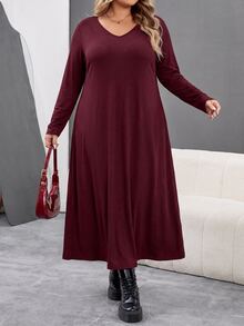SHEIN CURVE+ Women's Plus Size 22W V-Neck Long Dress, Autumn/Winter - Burgundy - View 3