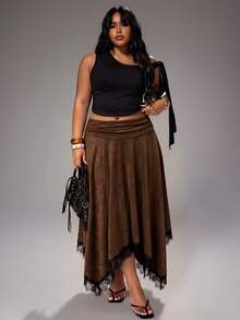Rustia Hot Girl Style Caramel Brown Suede Lace Patchwork High Waist Flared Mid-Length Skirt - Brown - View 5
