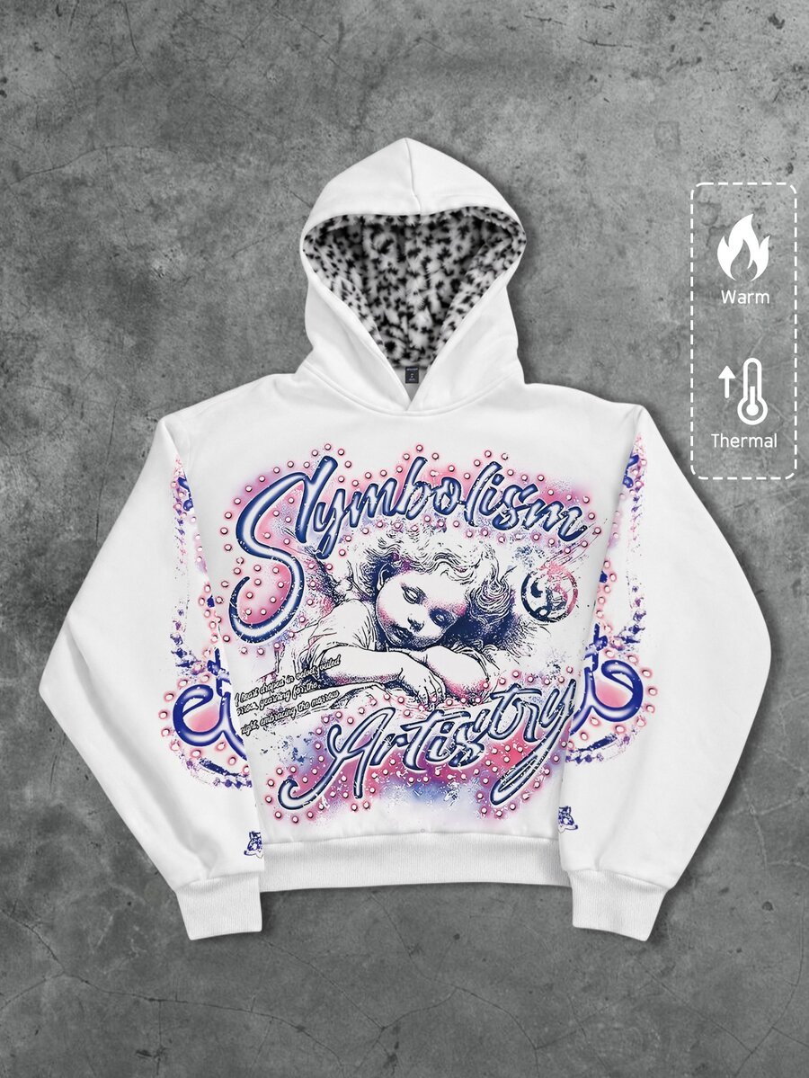 ROMWE MEN Men's Printed Pattern Loose Fit Hoodie, Streetwear Vintage - White - View 1