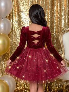 SHEIN 女童聖誕優雅紅色天鵝絨拼接薄紗露背蝴蝶結公主裙，假日派對、新年禮物、聖誕派對洋裝、聖誕連身裙、紅色裙子 - 紅色 - 查看 7