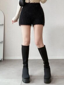 FRIFUL Women's Solid Color High Waist Fuzzy Texture Preppy Casual Cute Style Shorts Lounge Beige Black Fall Everyday Winter - Black - View 1