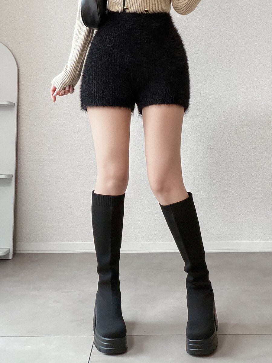 FRIFUL Women's Solid Color High Waist Fuzzy Texture Preppy Casual Cute Style Shorts Lounge Beige Black Fall Everyday Winter - Black - View 1