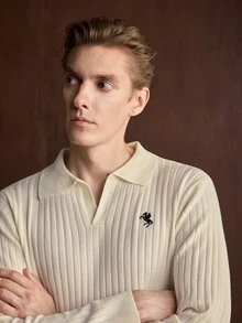 Manfinity CityGents Men's Solid Color Ribbed Polo Collar Sweater With Pony Logo, Minimalist Classic Everyday - White - View 2