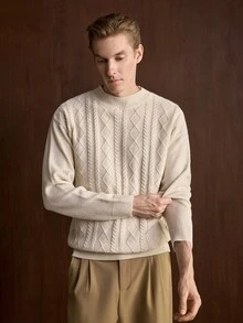 Manfinity CityGents 男士半高領長袖懶人套頭毛衣，休閒針織秋冬服飾，米色/杏色寬鬆版型時尚百搭 3D 圖案長袖套頭毛衣 - 杏色 - 查看 1
