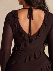 SHEIN BAE Plus Size Women's Split Hem Ruffle Long Sleeve Dress - Chocolate Brown - View 6
