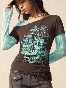 Bohemela Women's Slogan Print Contrast Lace Long Sleeve Fashion T-Shirt - Coffee Brown - View 8
