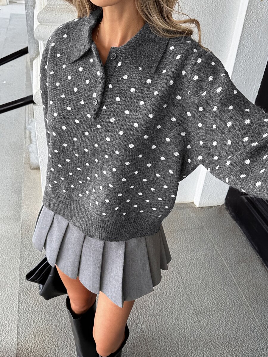 Pariaura American Retro Collared Loose Slimming College Style Versatile Colorblock Pullover Sweater - Dark Grey - View 1