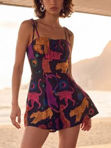 CAJUNI Women's Leopard Print Casual Spaghetti Strap Romper For Beach Vacation - Multicolor - View 1
