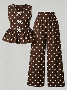 Tween Girl Polka Dot Bow Decor Sleeveless Blouse And Wide Leg Pants 2 Pieces Set - 棕色 - 查看 5
