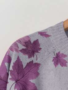 Linhara Plus Size Maple Leaf Pattern Crew Neck Casual Long Sleeve Pullover Sweater Fall Winter - Dusty Purple - View 6