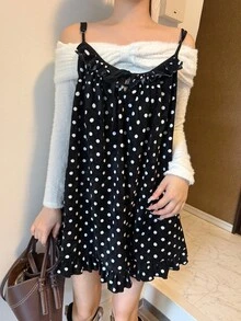 FRIFUL 女款波點休閒百搭日常穿著細肩帶背心上衣 - 黑色 - 查看 4