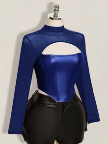 SHEIN ICON 女款大尺碼秋冬皮革拼接網布黑色修身T恤 - 寶藍色 - 查看 7