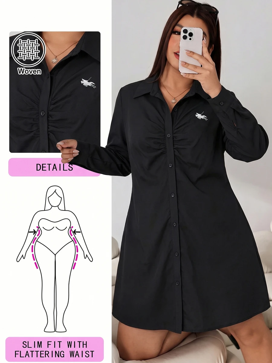 Solflare Plus Size Women's Collared Long Sleeve Black Mini Dress - Black - View 1