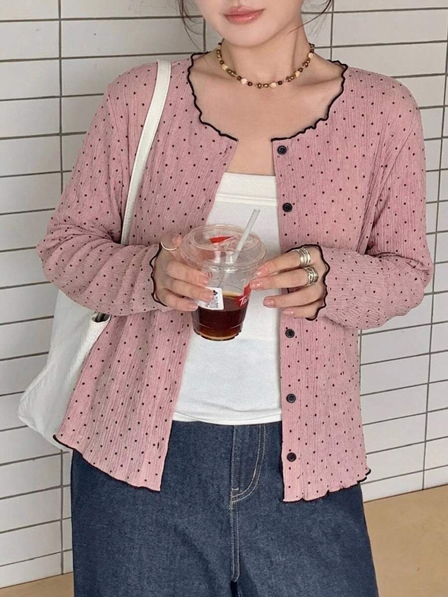 Dazy Plus 女童小圓點圓領鈕扣開襟長袖休閒針織外套,春秋款 - 粉色 - 查看 1