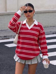 Muchica 女款休閒拼色寬鬆 Polo 領運動衫，女款秋冬服飾，條紋運動衫，街頭風 - 彩色 - 查看 3