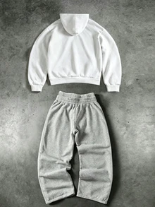 SHEIN 兒童青少年男童 2件組休閒簡約秋季新款 Y2K 嘻哈風酷感英文字母圖案寬鬆連帽衛衣＋長袖長版喇叭褲套裝，適合秋冬、校園、家庭聚會、開學季、生日派對、拍照、度假、假日 - 彩色 - 查看 2