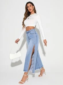 SHEIN Essnce Plus Size Women's Button Half-Front Closure Double Pocket Rhinestone Chain Decor Side Slit Denim Cropped Wide Leg Pants - Blue - View 2
