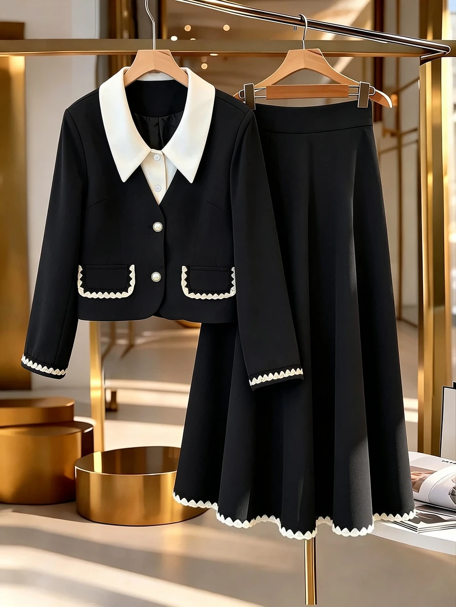 GlowEve CURVE Plus Size Women's Colorblock Long Sleeve Top And Skirt Fashion 2 Pieces Set - Multicolor - View 1