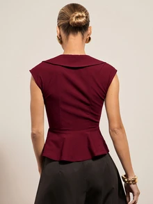 Hauture Women's Sexy Casual Office Solid Color Corset Bustier Collared Sleeveless Top - Burgundy - View 5