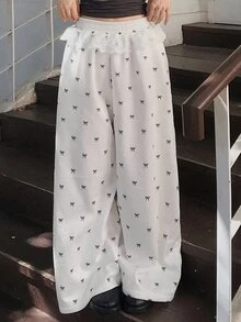DAZY Women's Bow Print Contrast Lace Trim Drawstring Elastic Waist Loose Wide Leg Casual Vacation Korean Style Spring Autumn Long Sweatpants - White - View 3