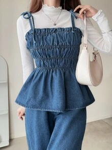 FRIFUL Women's Pleated Camisole Top And Long Pants Casual Cute Daily Date Denim Set Everyday Going Out Blue Summer - Blue - View 5