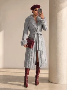 Xyvia Women's Autumn/Winter Heavy Beaded Fur Collar Belted Knit Cardigan Jacket, Premium Grey Twisted Cable Knit, Suitable For Shopping, Dating, Commuting, Party, Holiday - Grey - View 5