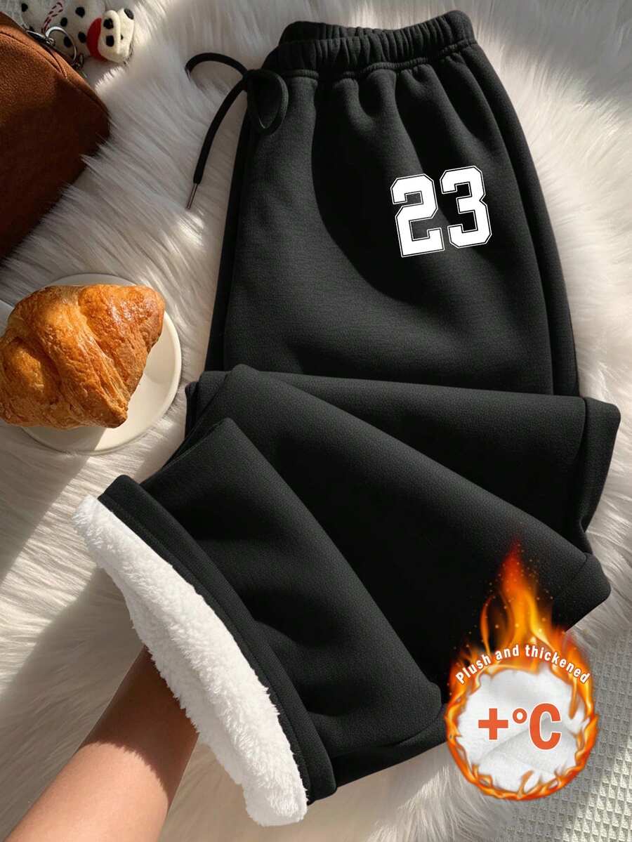 SHEIN EZwear 女款休閒低腰抓絨內裡運動長褲,秋冬女裝,適合日常通勤、聚會、夏季、聖誕節、新年、感恩節、派對、婚禮、海灘、出遊、約會、情人節,優雅度假風,Y2K - 黑色 - 查看 1