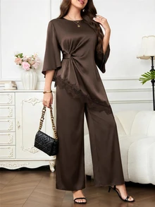 SHEIN Clasi Women's Lace Asymmetrical Hem Pleated Top And Satin Loose Fit Pants 2 Pieces Set - Coffee Brown - View 5