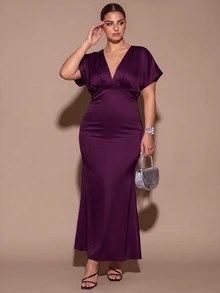 SHEIN BAE CURVE 女款大尺碼短袖休閒洋裝 - 紫色 - 查看 6