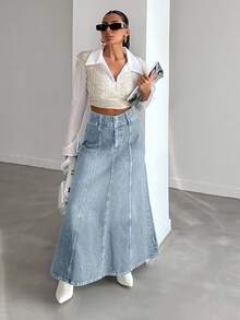 SHEIN PETITE Petite High Waist Casual Style Light Blue Wash Regular Fit Double Button Long Denim Skirt - Light Wash - View 6