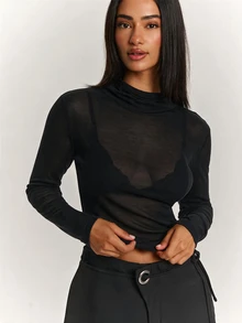 SHEIN BAE تي شيرت نسائي بلون موحد كاجوال يومي بأكمام طويلة - الأسود - مشاهدة 6