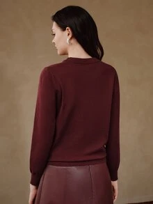 Anewsta Atasan Rajut Wanita Leher Bulat Warna Burgundy dengan Aplikasi Rajut Awal Musim Gugur - Burgundy - View 7