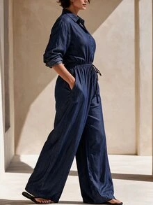 Linhara CURVE Plus Size Women's Autumn Soft Denim Effect Lapel Jumpsuit With Front Opening, Loose Draped Bottom, Minimalist Commuter Style - Navy Blue - View 3