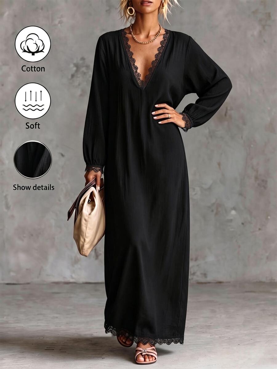 Breezaya Women's Plus Size Cotton Linen Ruffle Patchwork Long Sleeve Dress, Black Beach Bohemian Casual Style, Autumn - Black - View 1
