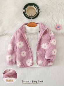 Cozy Pixies 女嬰花卉印花抓絨內裡圓領長袖外套，百搭舒適秋冬女童衣物 - 淡紫色 - 查看 6