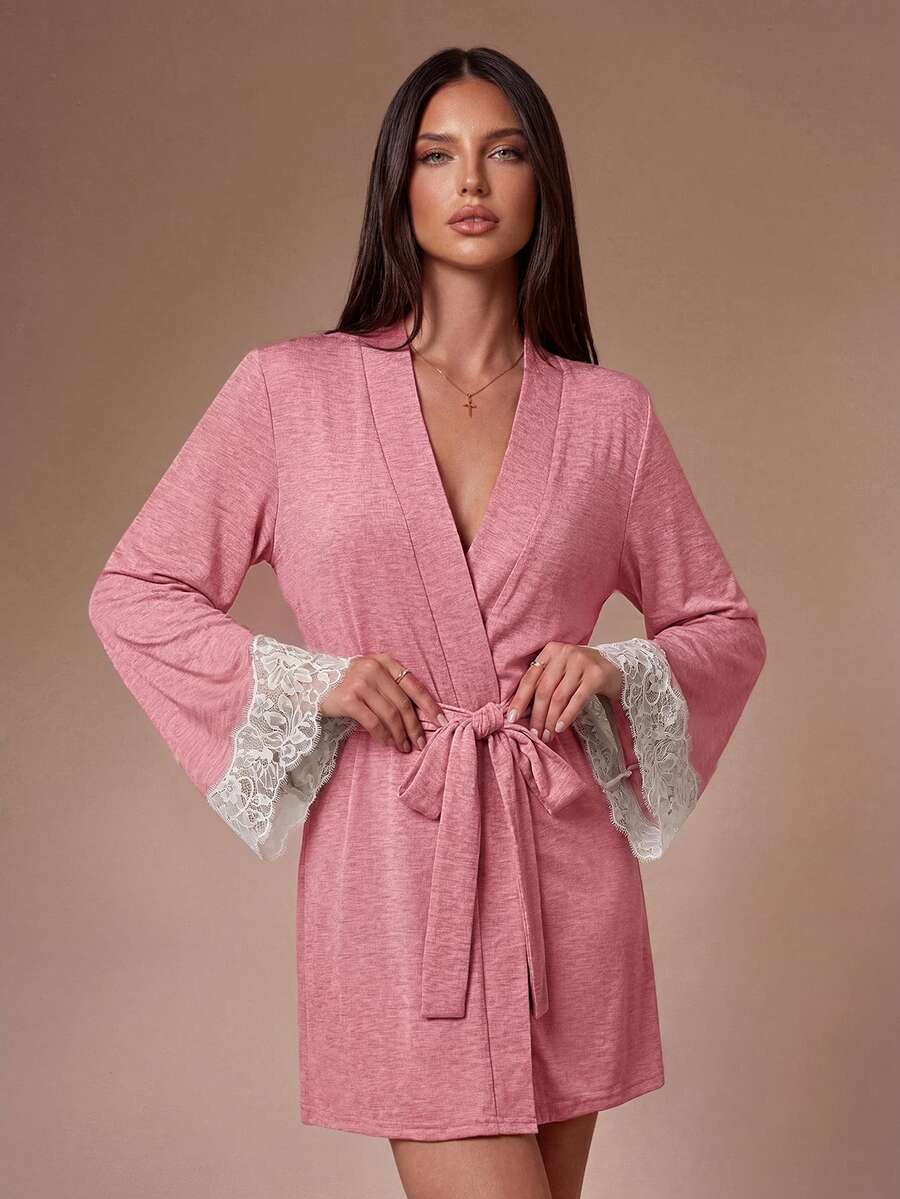 Lazeform Gaun Tidur Wanita Musim Panas Motif Renda Patchwork dengan Tali Depan dan Kain Nyaman - Berwarna merah muda - View 1