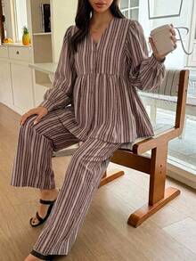 Dazy Maternity 時尚條紋鬆身長袖上衣與休閒長褲 2 件套日常穿著孕婦裝 - 棕色 - 查看 5