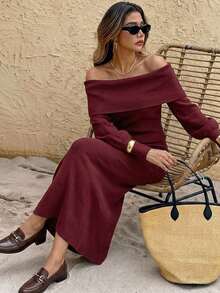 Strévra Women's 2pcs Set: Burgundy Round Neck Long Sleeve Knit Sweater & High Waist Slim Fit Ribbed Knit Pants, Autumn/Winter - Burgundy - View 1