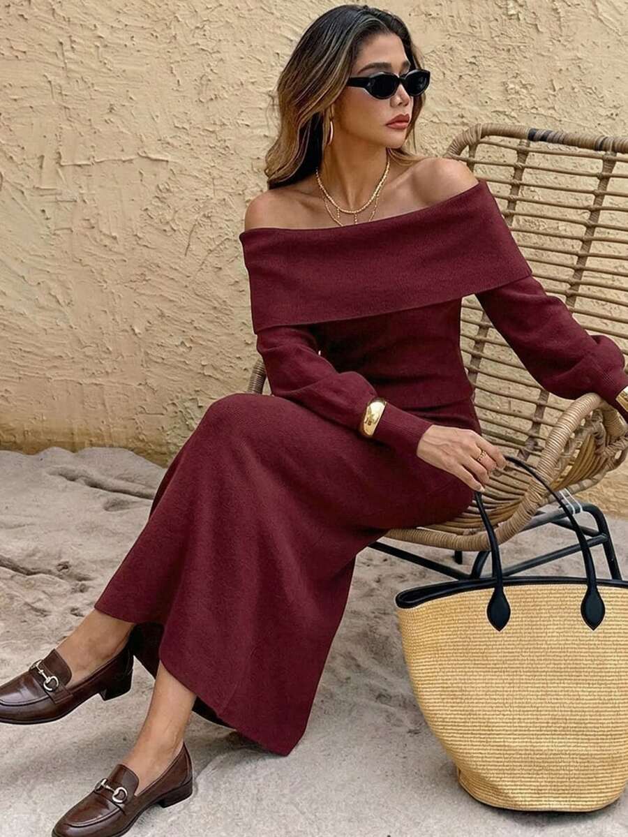 Strévra Women's 2pcs Set: Burgundy Round Neck Long Sleeve Knit Sweater & High Waist Slim Fit Ribbed Knit Pants, Autumn/Winter - Burgundy - View 1