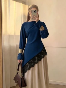 Celisse 女款初秋新款寬鬆版型不對稱下擺蕾絲飾邊長袖上衣 - 藍色 - 查看 1
